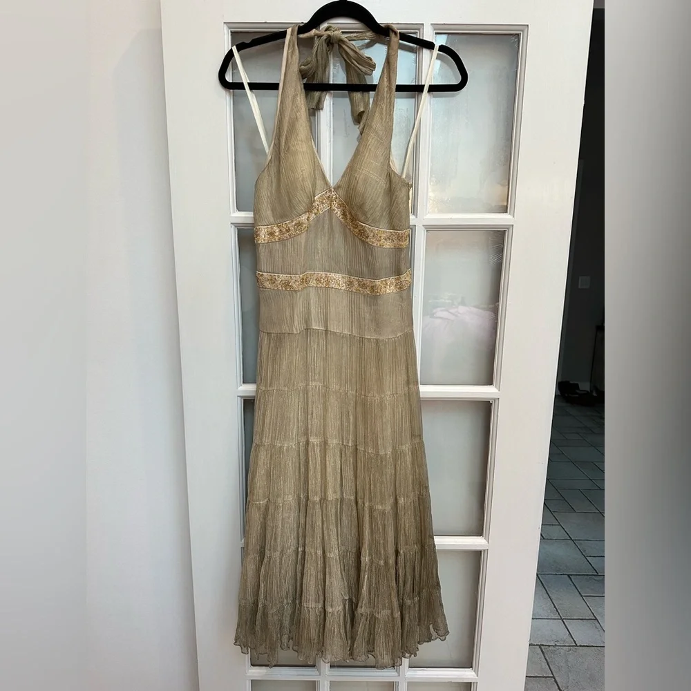 Vintage Cache Y2K Sequin Beaded Gold Romantic Formal Silk Gown Size 2 XS NWT - Picture 13 of 13